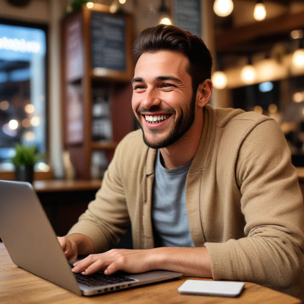 6 Surefire Signs It’s Time to Try Your Luck on Gacor Slot Sites A man sitting in a cozy cafe using his laptop smiling excitedly as if celebrating a big win - 6 Surefire Signs It’s Time to Try Your Luck on Gacor Slot Sites