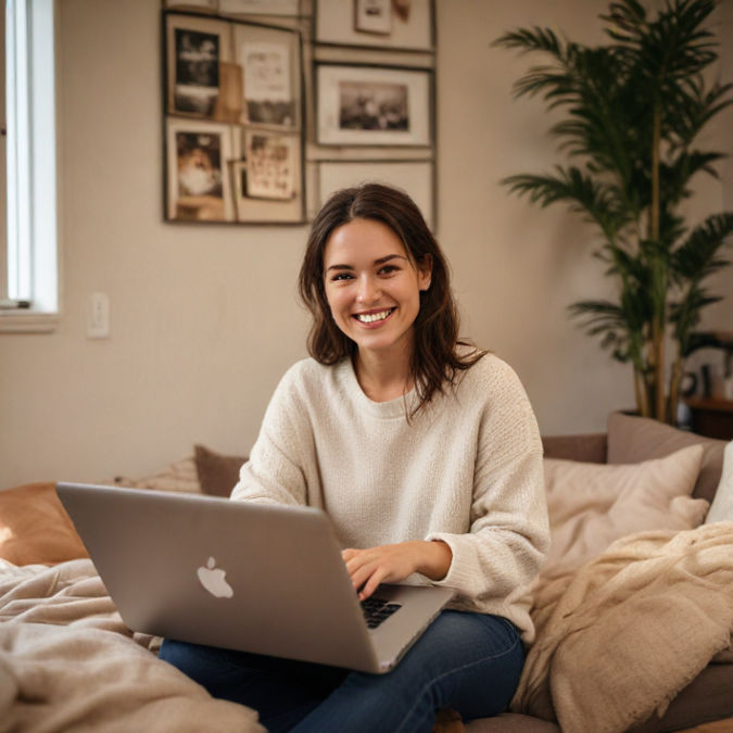 9 Misconceptions About Luck and Baccarat You Need to Stop Believing A person smiles at the camera while using a laptop in a cozy inviting space - 9 Misconceptions About Luck and Baccarat You Need to Stop Believing