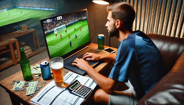 10 Reasons Gambling Enthusiasts Watch Overseas Soccer for Free to Improve Their Luck A man watching an overseas soccer match on his laptop analyzing stats with betting slips nearby - 10 Reasons Gambling Enthusiasts Watch Overseas Soccer for Free to Improve Their Luck