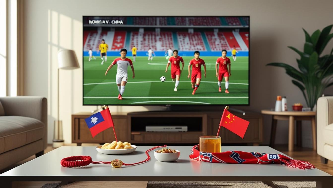 TV showing Indonesia vs China match with lucky charms on coffee table.