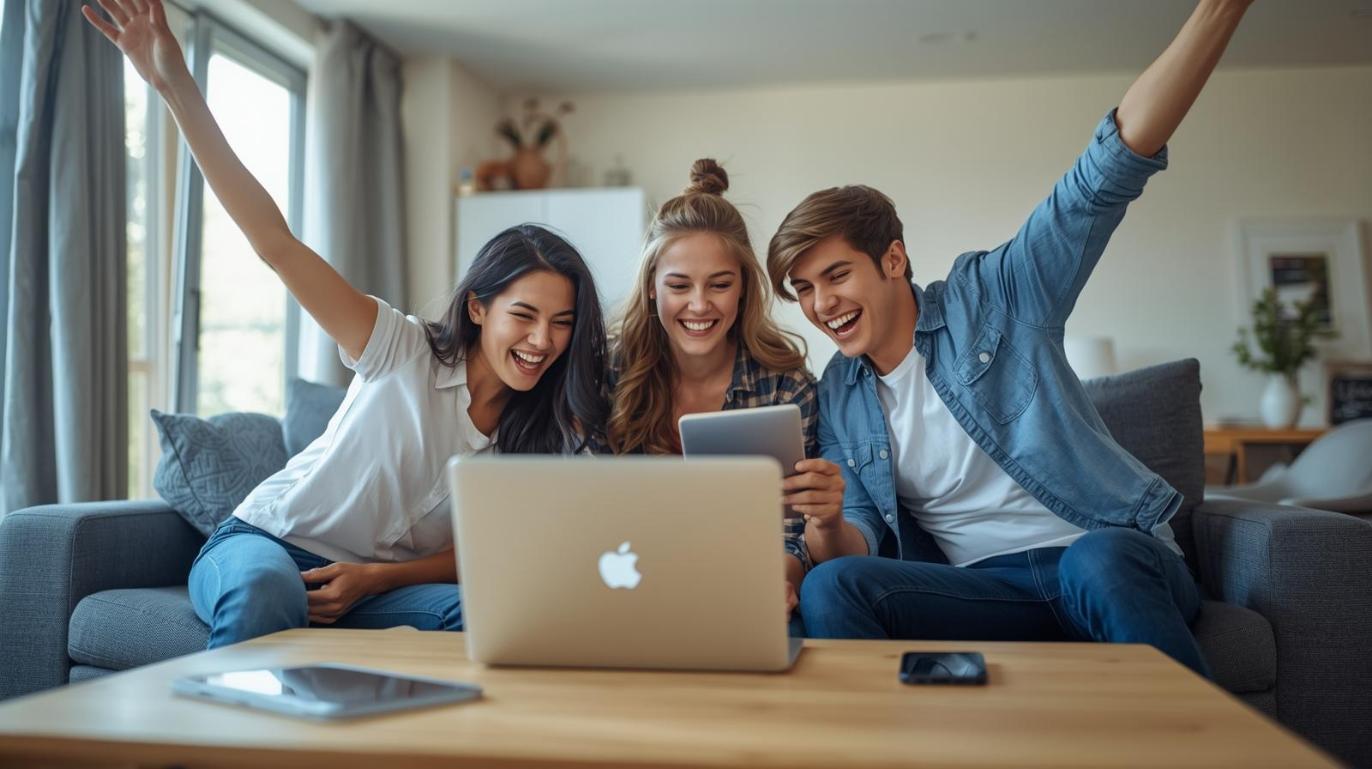 Why Official Slots Are Transforming the Meaning of Luck in Online Gambling Friends celebrating win around laptop and tablet blurred slot screens bright cheerful atmosphere - Why Official Slots Are Transforming the Meaning of Luck in Online Gambling